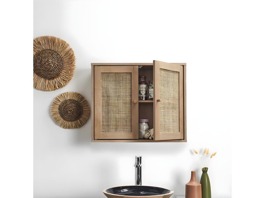 vente unique MAYA - Armoire Murale 2 Portes Effet Bois et Façades Rotin