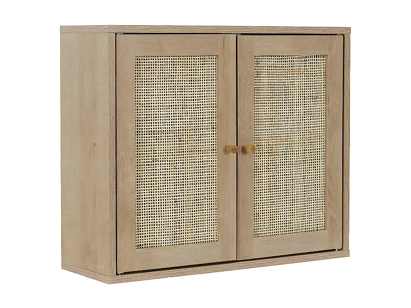 MAYA - Armoire Murale 2 Portes Effet Bois et Façades Rotin