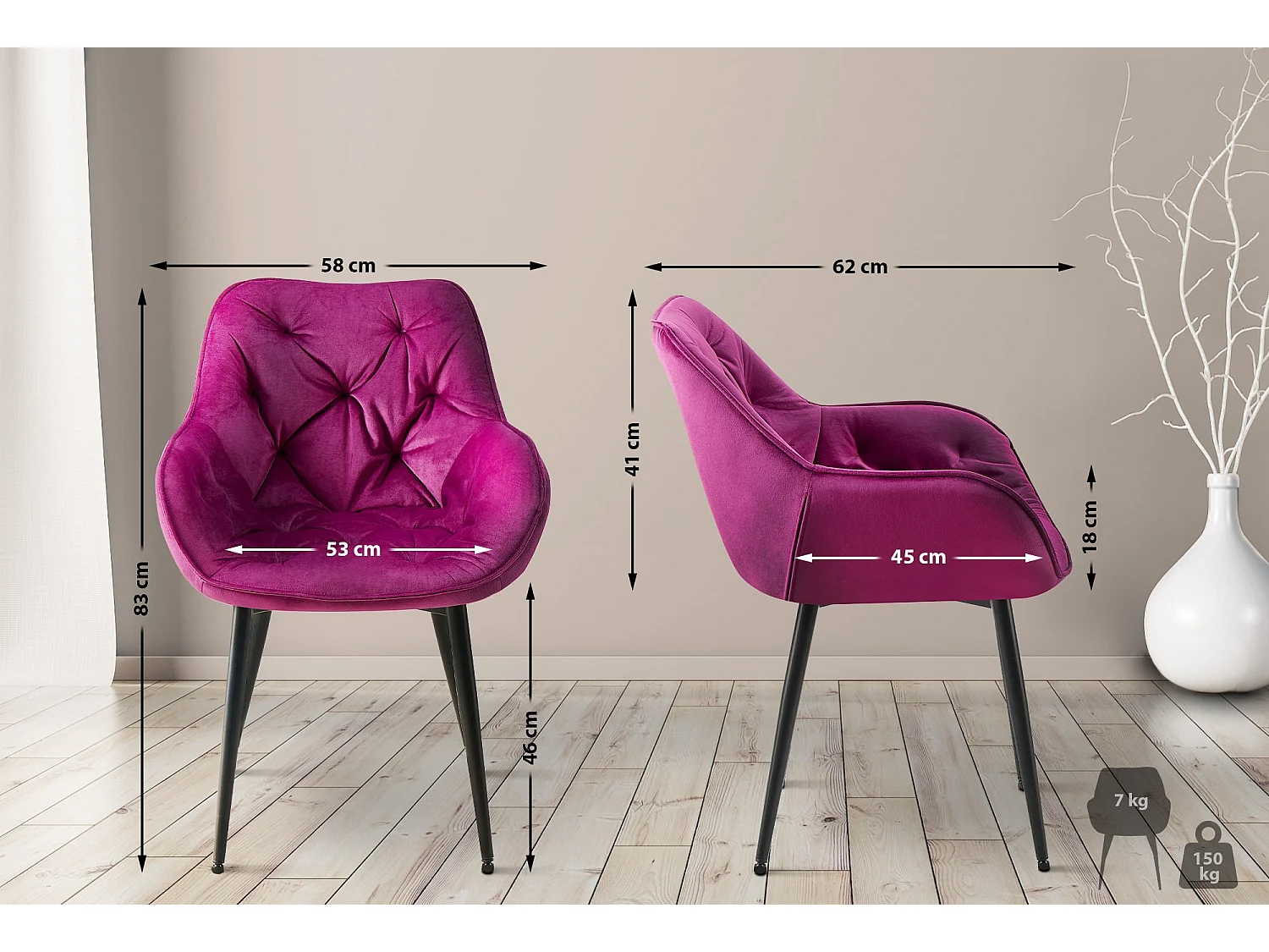 Lot de 4  chaises avec accoudoirs - Velours - Violet - Tanna