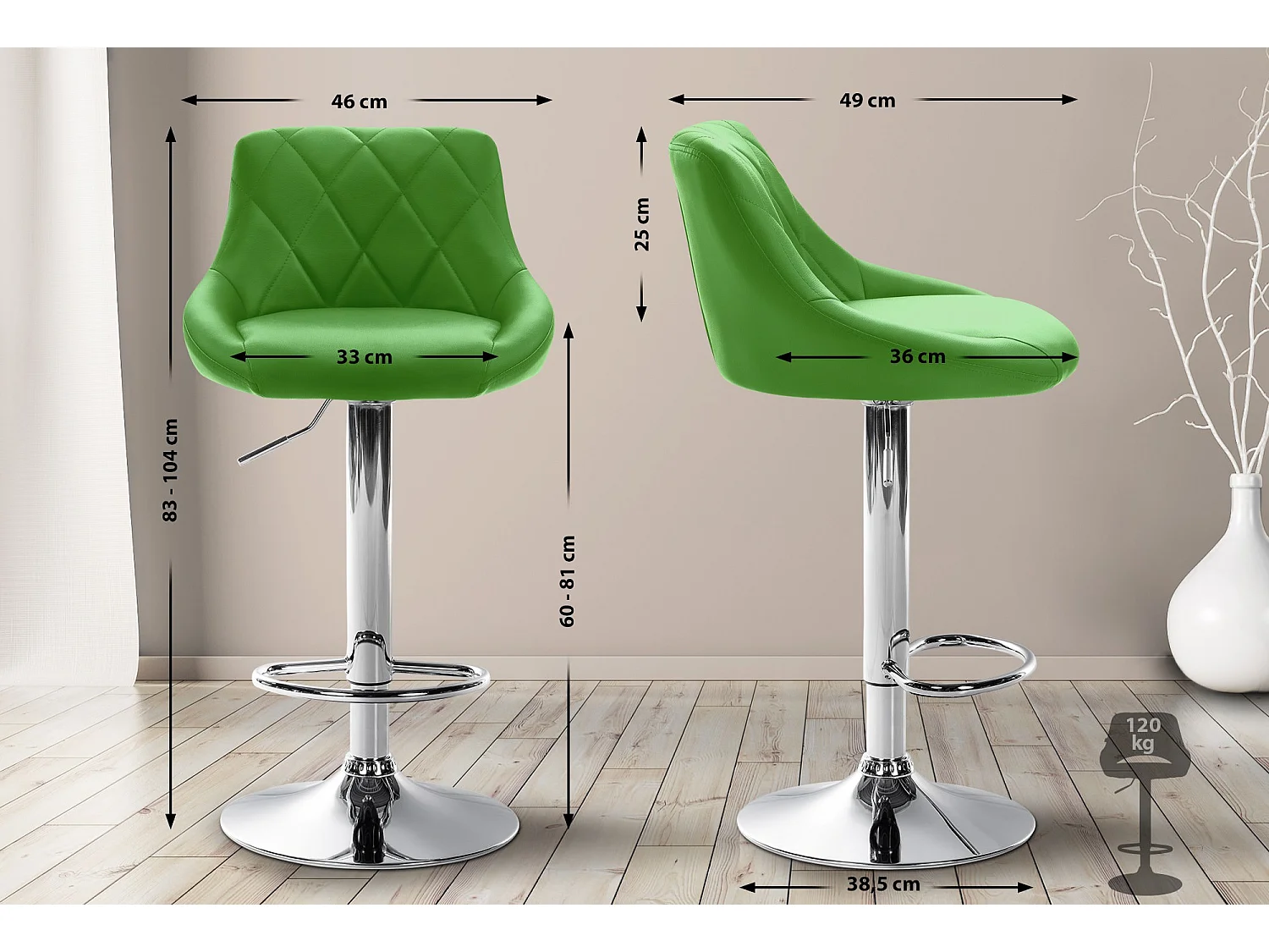 Tabouret de bar - Similicuir & Chrome - Vert - Lazio