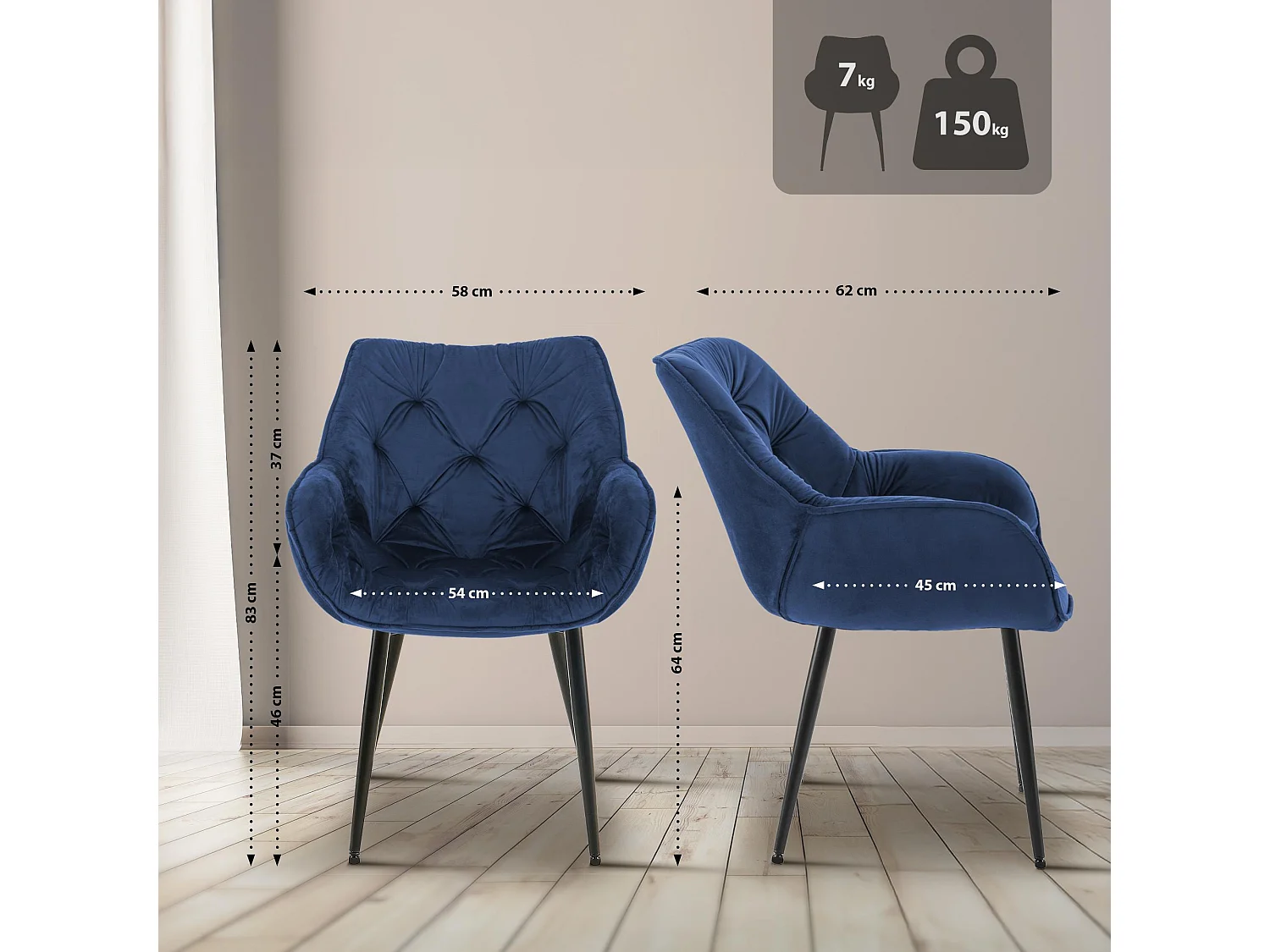 chaises avec accoudoirs - Velours - Bleu foncé - Tanna