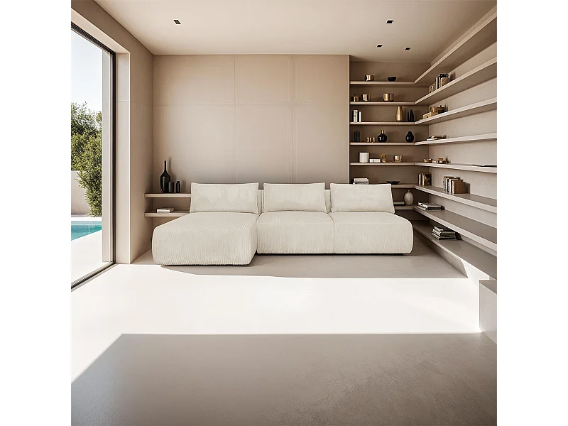 Canapé d'angle à gauche convertible 4 places avec coffre de rangement en velours côtelé beige - Jasper