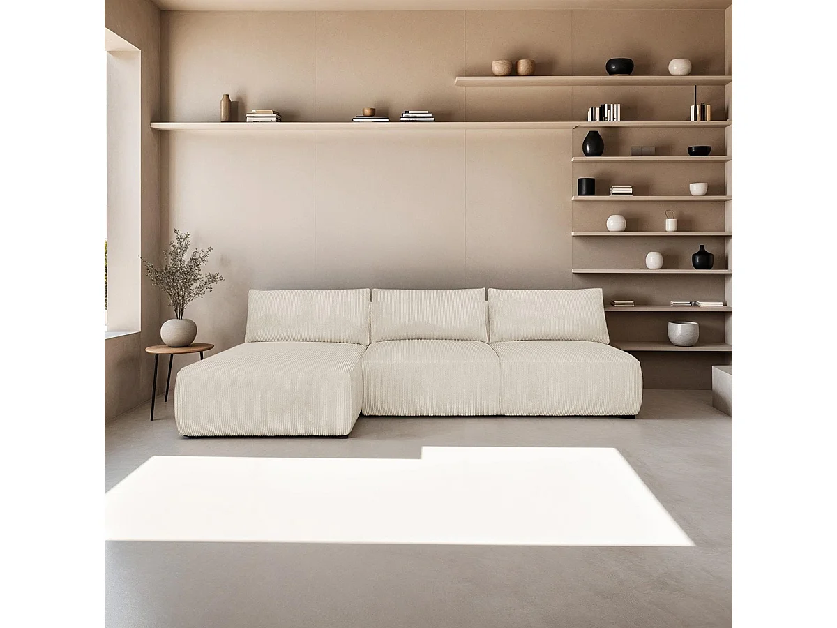 Canapé d'angle à gauche convertible 4 places avec coffre de rangement en velours côtelé beige - Jasper