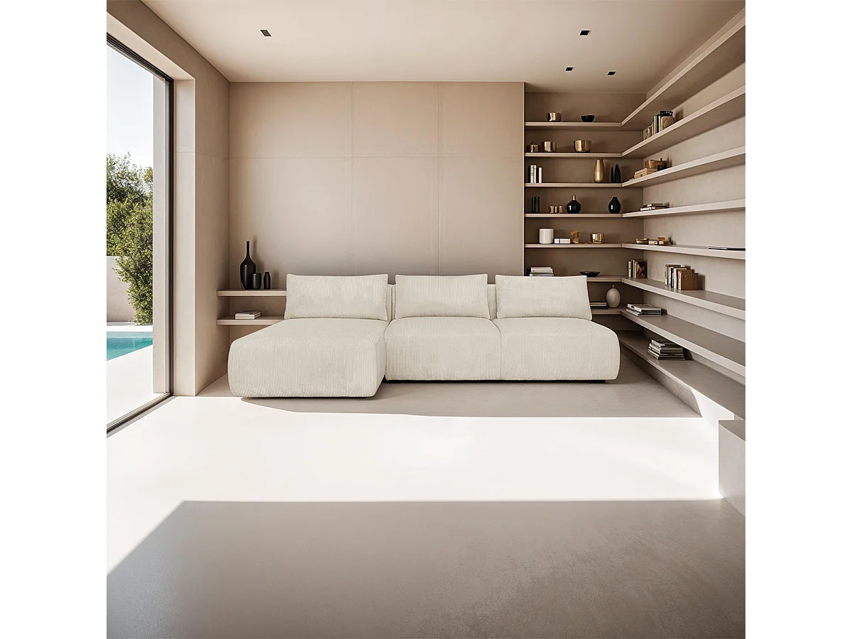 Canapé d'angle à gauche convertible 4 places avec coffre de rangement en velours côtelé beige - Jasper