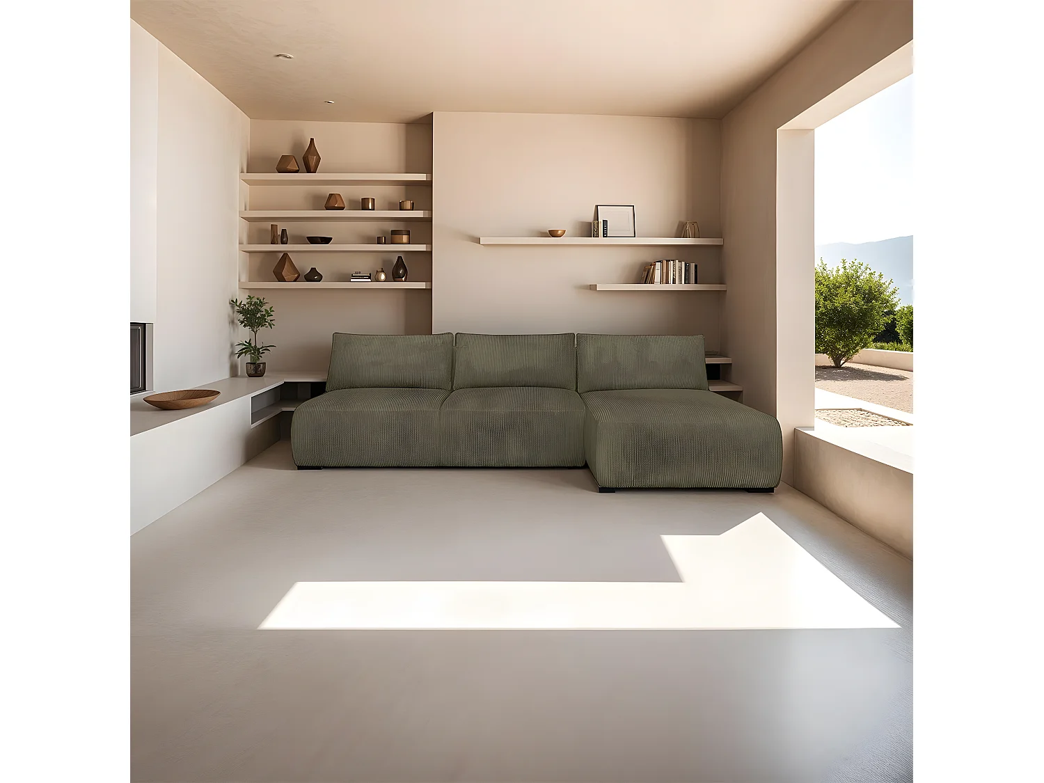 Canapé d'angle à droite convertible 4 places avec coffre de rangement en velours côtelé vert kaki - Jasper