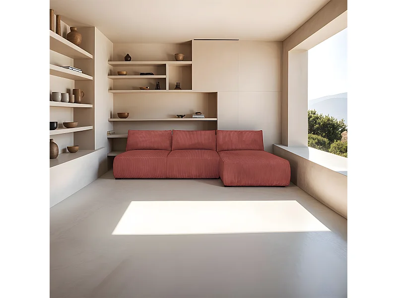 Canapé d'angle à droite convertible 4 places avec coffre de rangement en velours côtelé rouille - Jasper