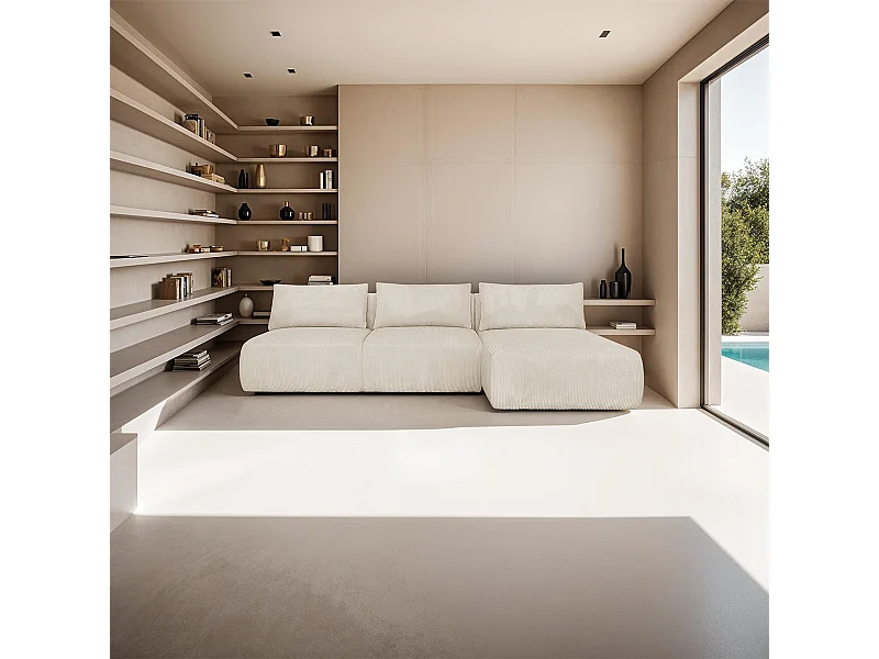 Canapé d'angle à droite convertible 4 places avec coffre de rangement en velours côtelé beige - Jasper