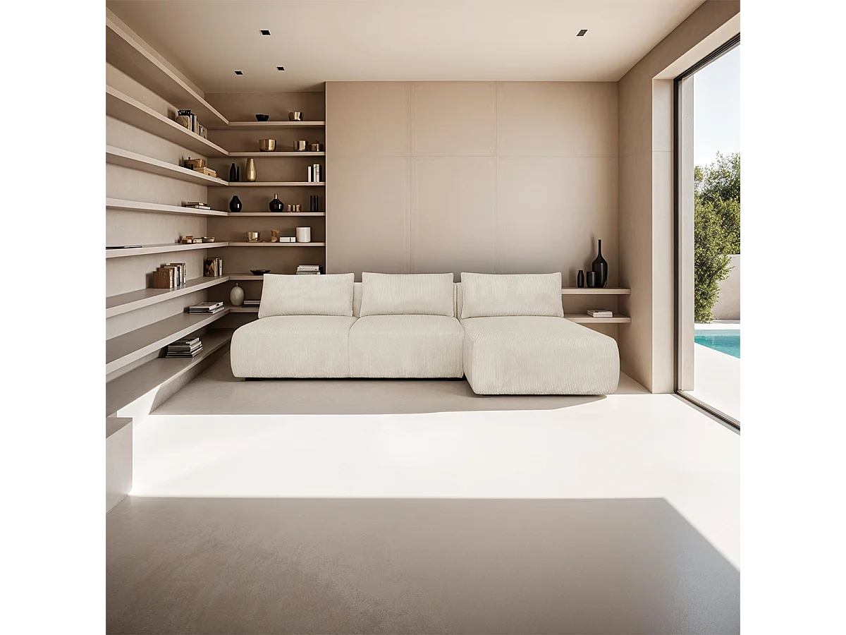 Canapé d'angle à droite convertible 4 places avec coffre de rangement en velours côtelé beige - Jasper