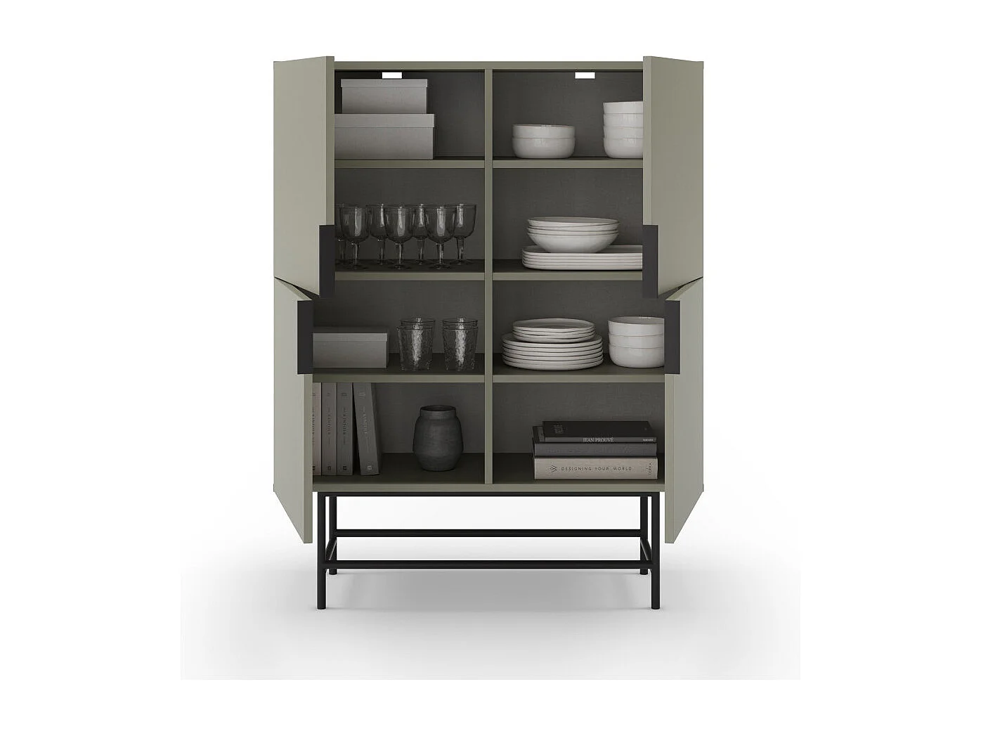 Vintara - Buffet haut 4 portes en bois et métal H128cm - Vert amande