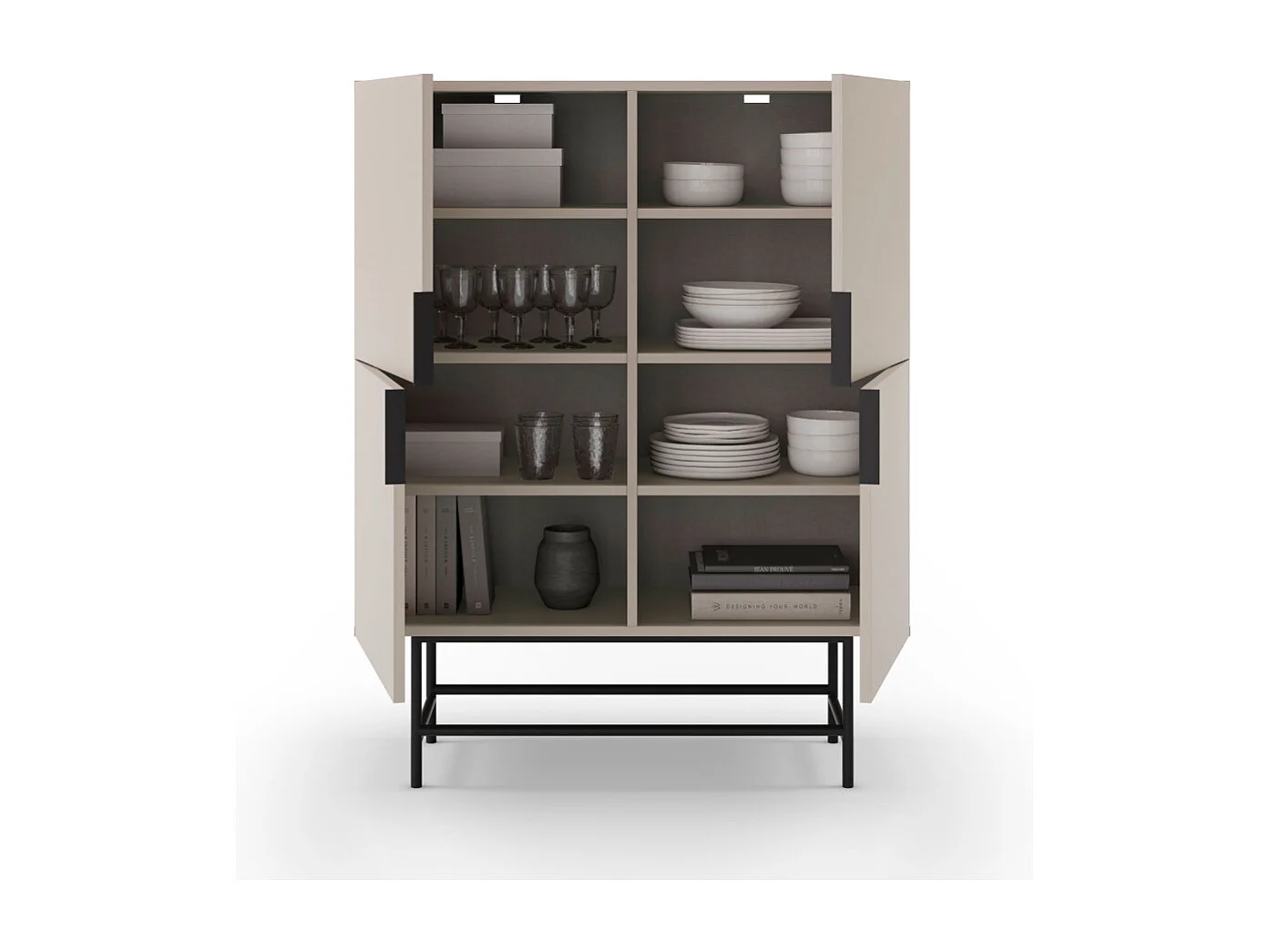 Vintara - Buffet haut 4 portes en bois et métal H128cm - Beige