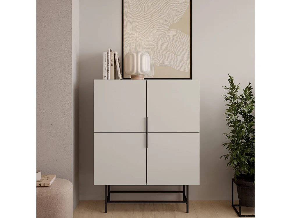 Vintara - Buffet haut 4 portes en bois et métal H128cm - Beige