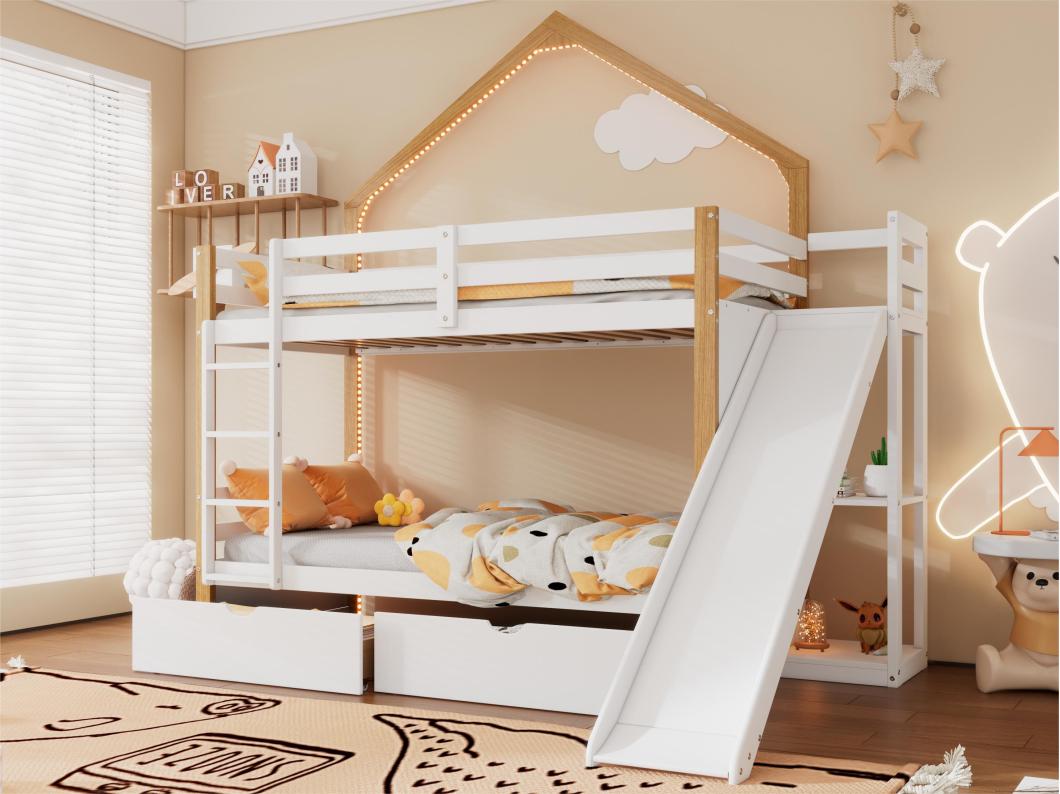 Beliche 90x200 cm - em madeira de pinho e MDF - com LED, 2 gavetas, escada e escorrega - Branco