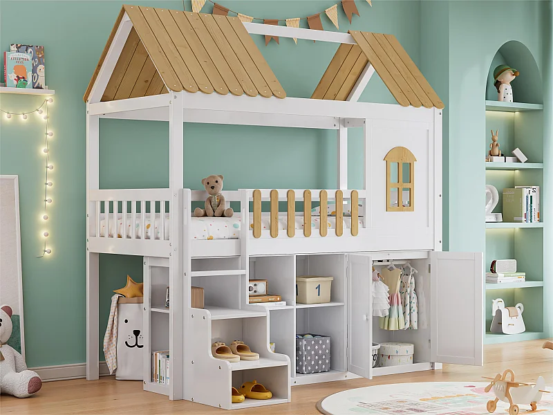 Stapelbed 90x200 cm - in grenenhout - met planken, kledingkast en opbergtrap - Wit & Naturel