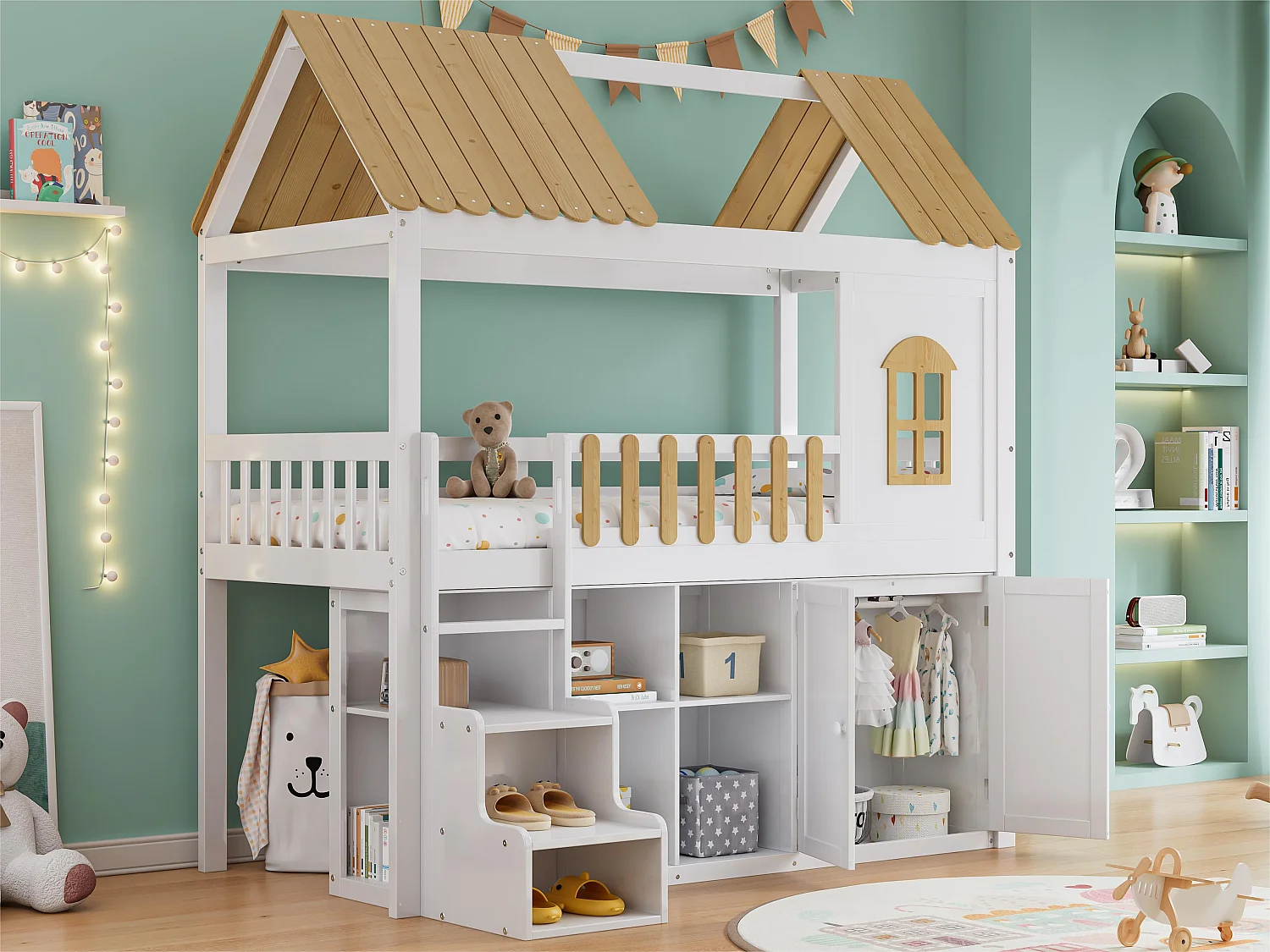 Letto a castello 90x200 cm - in legno di pino - con ripiani, armadio e scala portaoggetti - Bianco e naturale