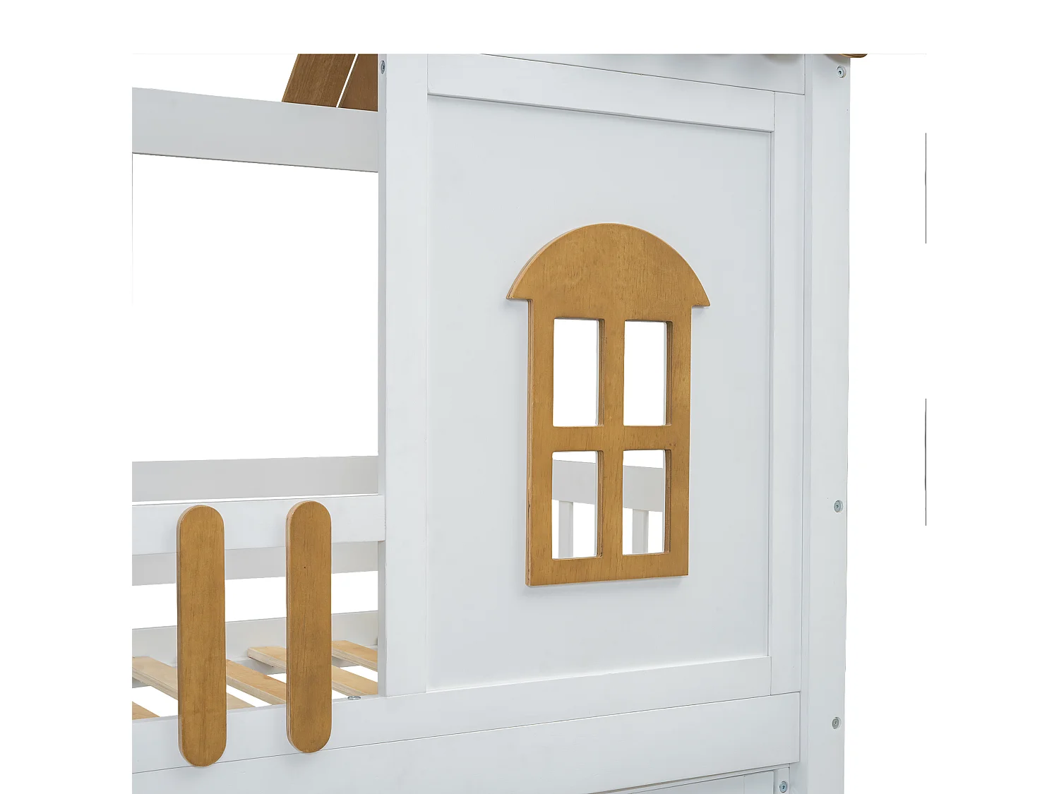 Letto a castello 90x200 cm - in legno di pino - con ripiani, armadio e scala portaoggetti - Bianco e naturale