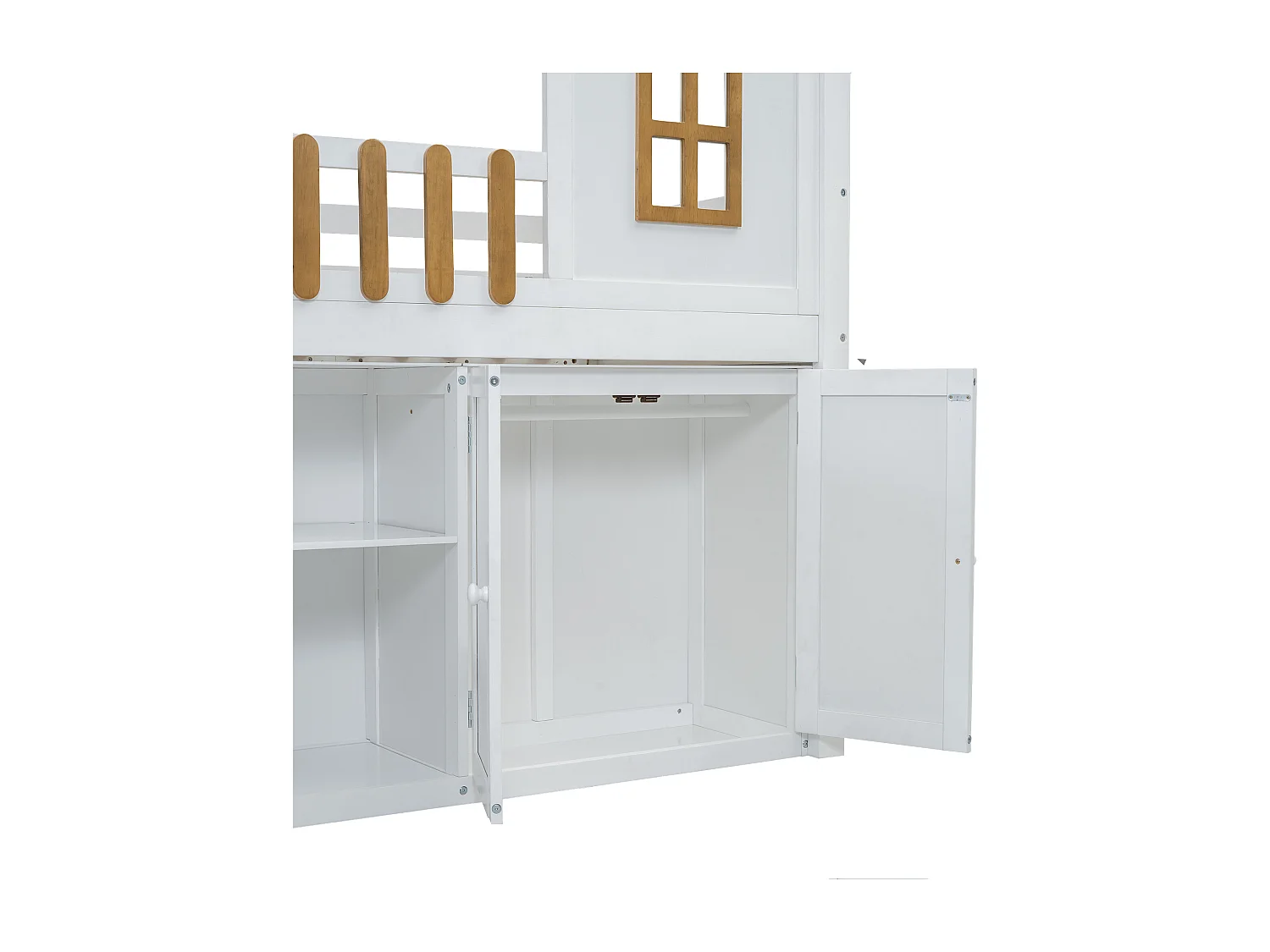 Letto a castello 90x200 cm - in legno di pino - con ripiani, armadio e scala portaoggetti - Bianco e naturale