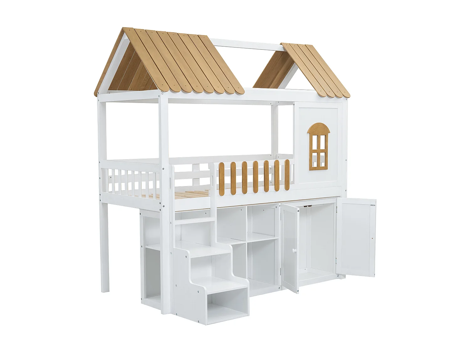 Letto a castello 90x200 cm - in legno di pino - con ripiani, armadio e scala portaoggetti - Bianco e naturale