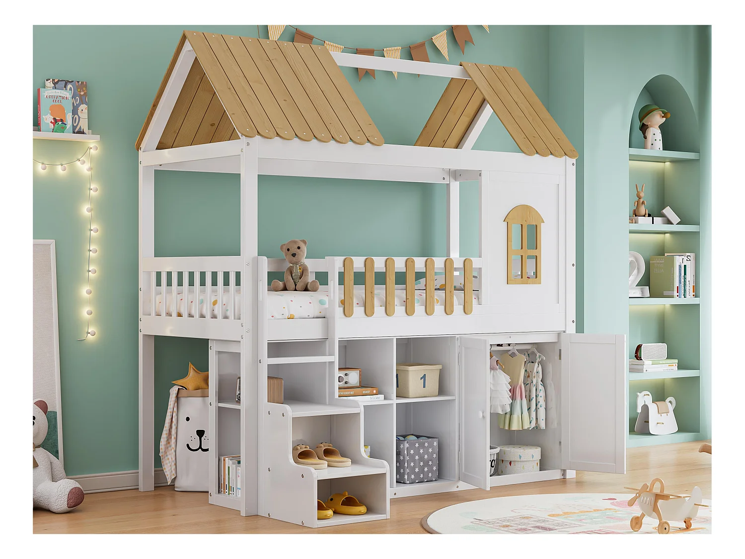 Lit superposé 90x200 cm - en bois de pin - avec étagères, armoire et escalier de rangement - Blanc & Naturel
