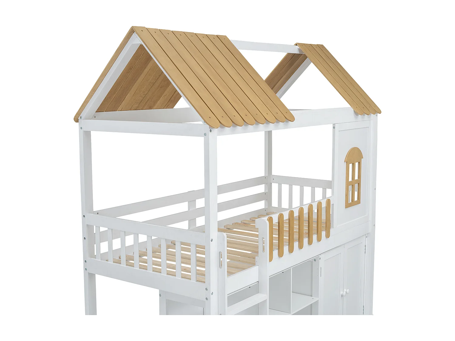 Stapelbed 90x200 cm - in grenenhout - met planken, kledingkast en opbergtrap - Wit & Naturel