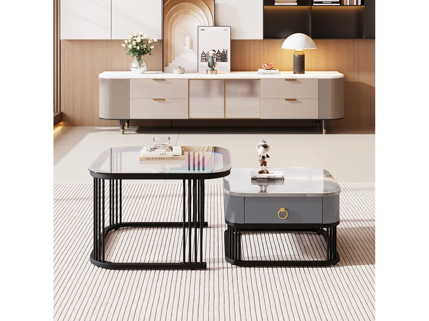 Juego de 2 mesas de centro nido con 1 cajón, mesa de centro cuadrada - tapa de cristal y aspecto mármol - madera y metal - Gris