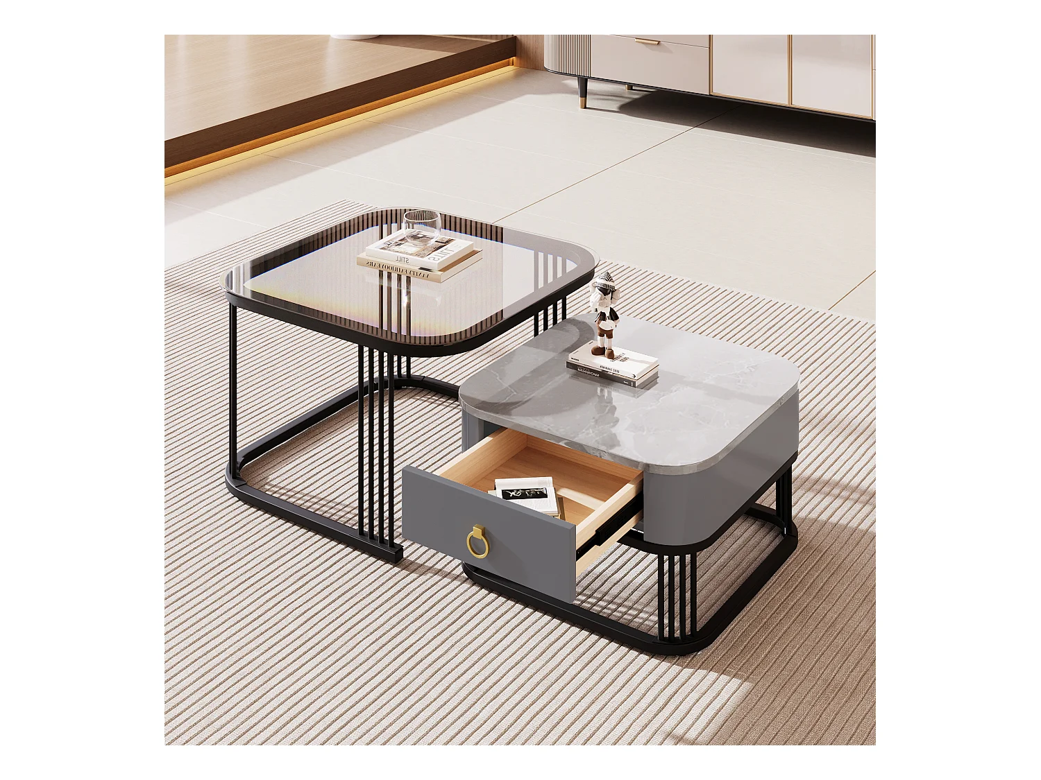 Set aus 2 ineinander steckbaren Couchtischen mit 1 Schublade, quadratischer Couchtisch – Glasplatte und Marmoroptik – Holz und Metall – Grau