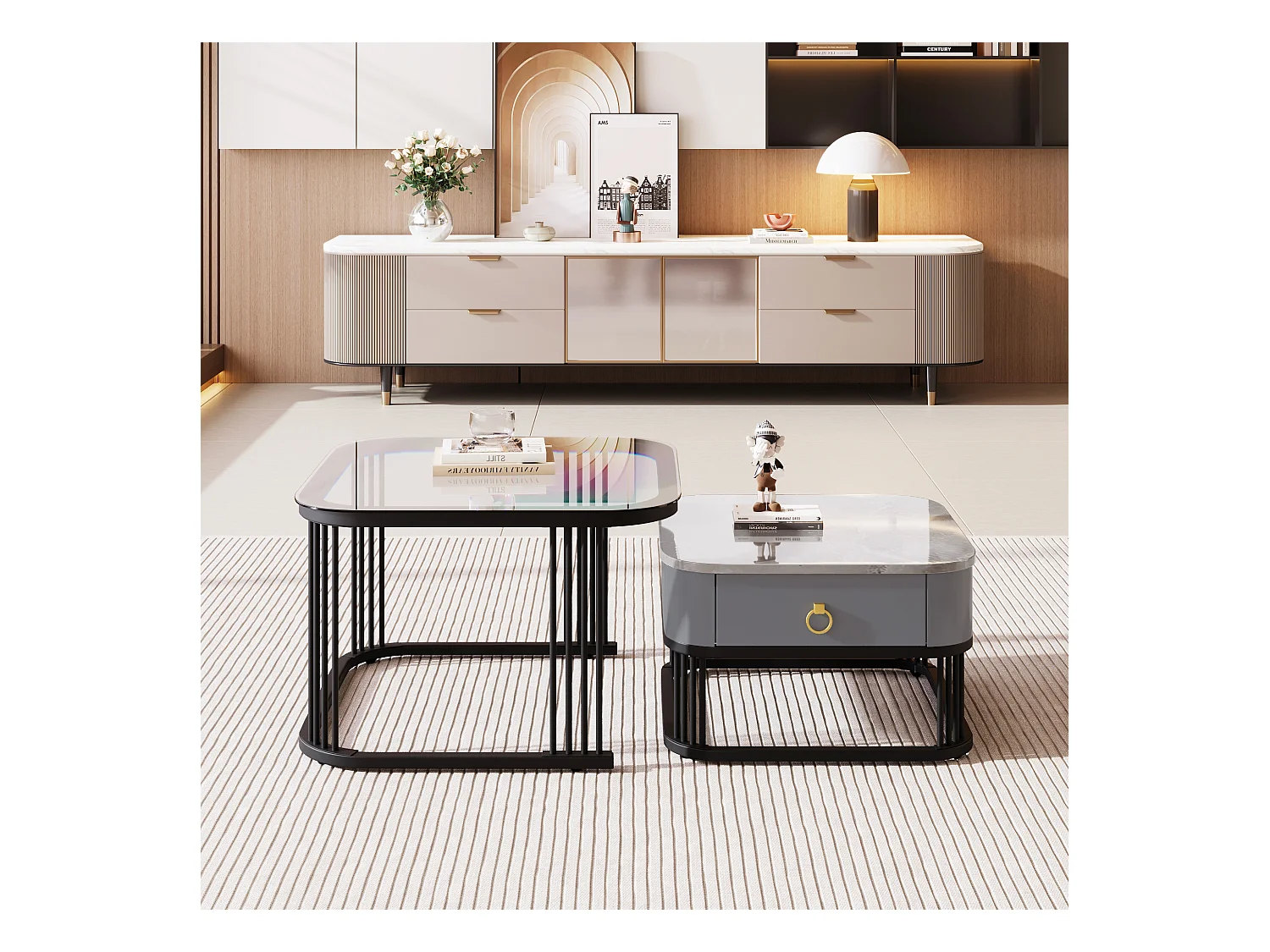 Set van 2 in elkaar geschoven salontafels met 1 lade, vierkante salontafel - glazen blad en marmerlook - hout en metaal - Grijs