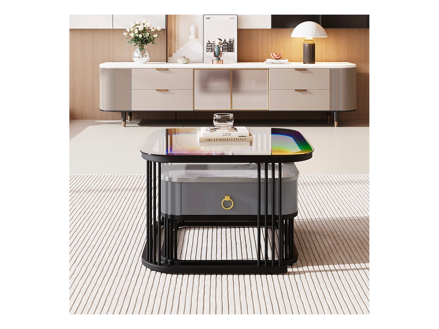 Set van 2 in elkaar geschoven salontafels met 1 lade, vierkante salontafel - glazen blad en marmerlook - hout en metaal - Grijs