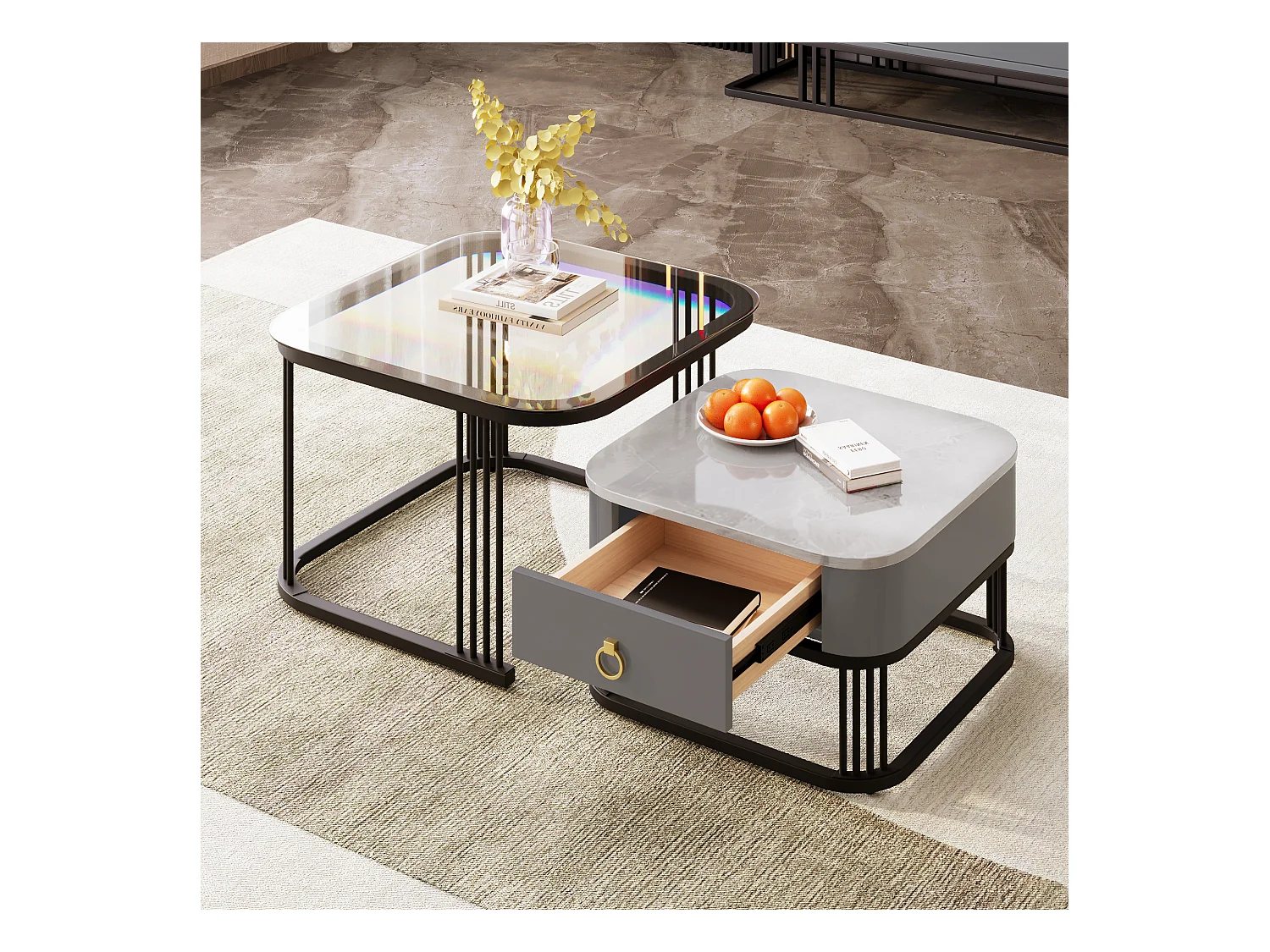 Set van 2 in elkaar geschoven salontafels met 1 lade, vierkante salontafel - glazen blad en marmerlook - hout en metaal - Grijs