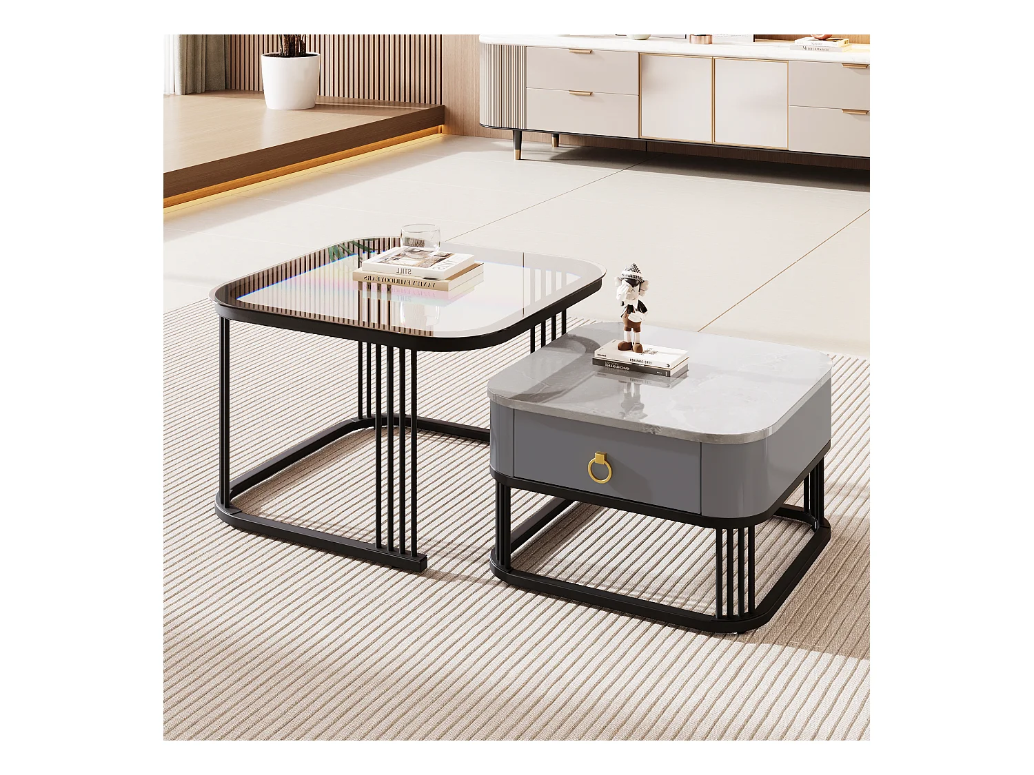 Set van 2 in elkaar geschoven salontafels met 1 lade, vierkante salontafel - glazen blad en marmerlook - hout en metaal - Grijs