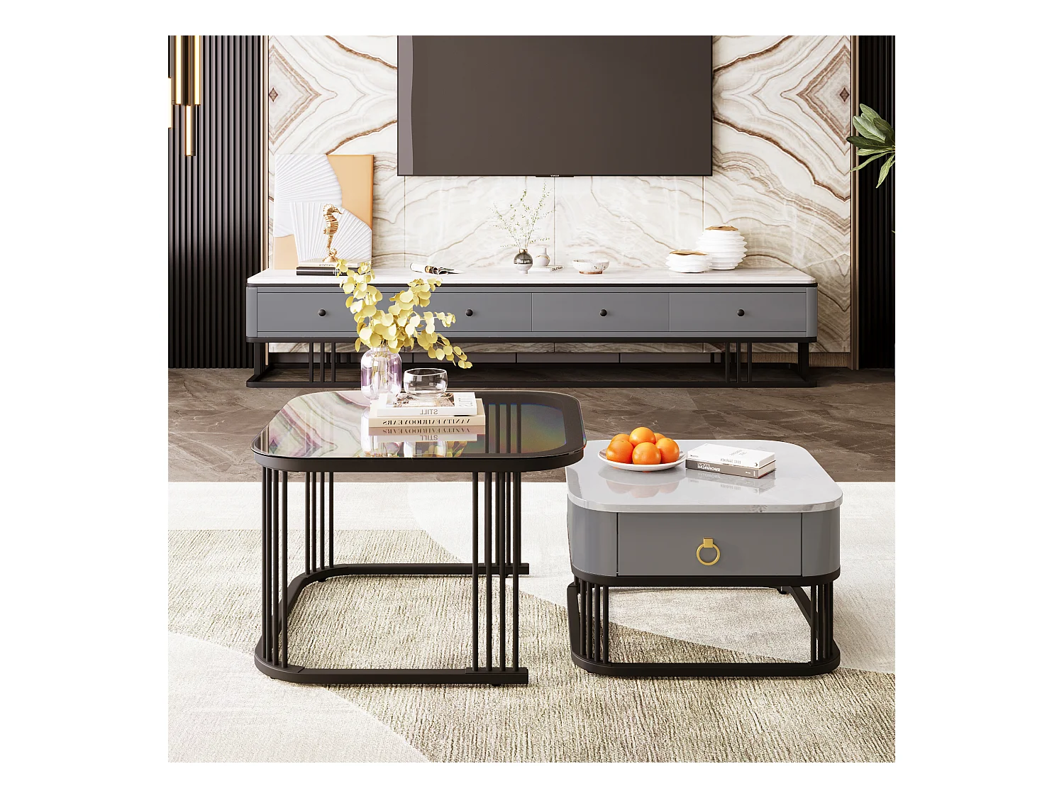 Set van 2 in elkaar geschoven salontafels met 1 lade, vierkante salontafel - glazen blad en marmerlook - hout en metaal - Grijs