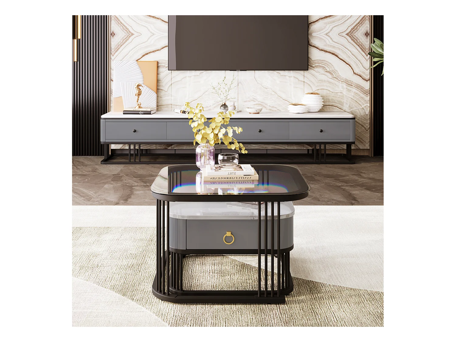 Set van 2 in elkaar geschoven salontafels met 1 lade, vierkante salontafel - glazen blad en marmerlook - hout en metaal - Grijs