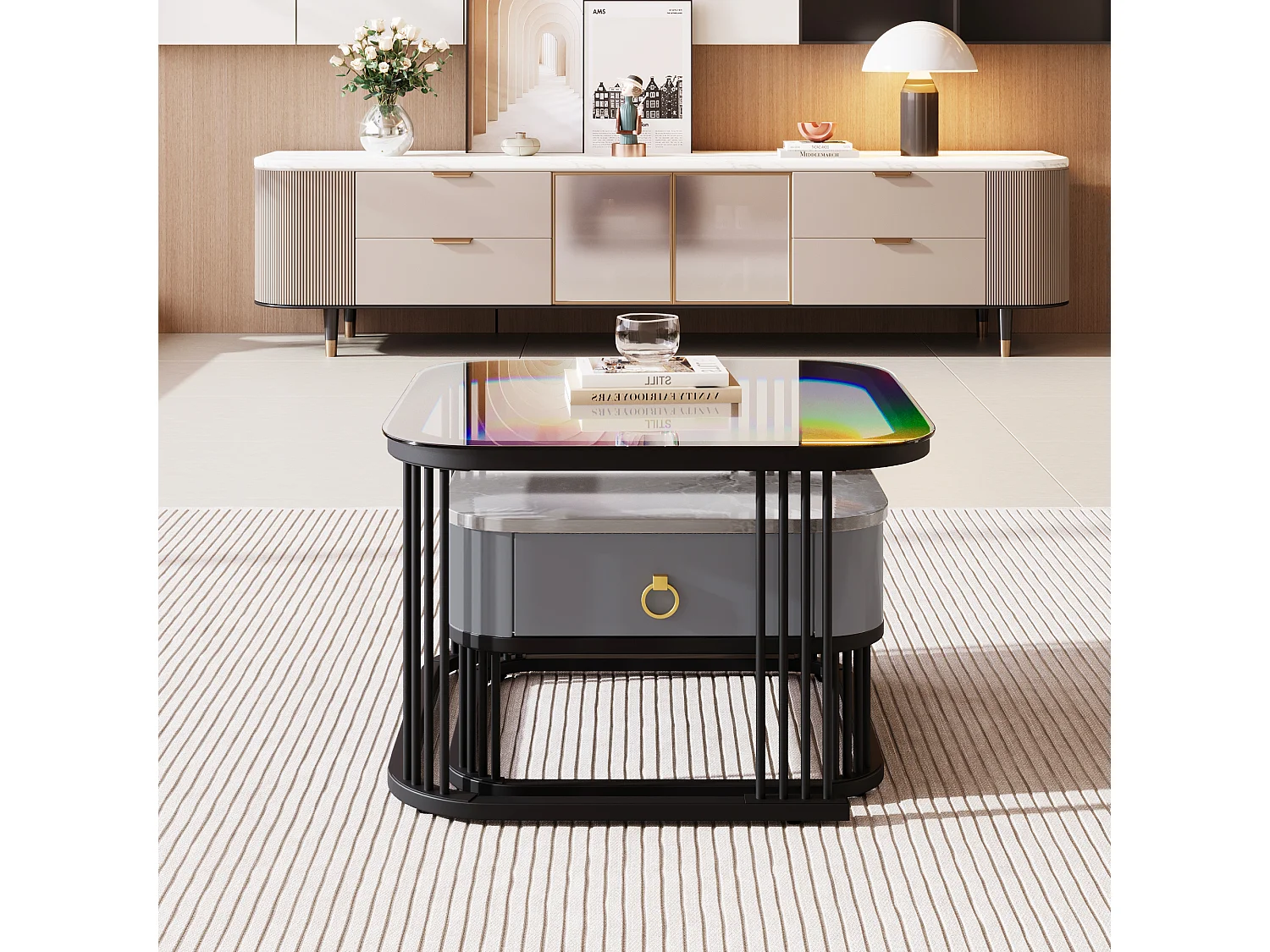 Set van 2 in elkaar geschoven salontafels met 1 lade, vierkante salontafel - glazen blad en marmerlook - hout en metaal - Grijs