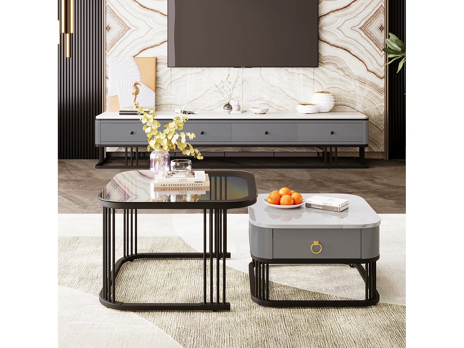 Set van 2 in elkaar geschoven salontafels met 1 lade, vierkante salontafel - glazen blad en marmerlook - hout en metaal - Grijs