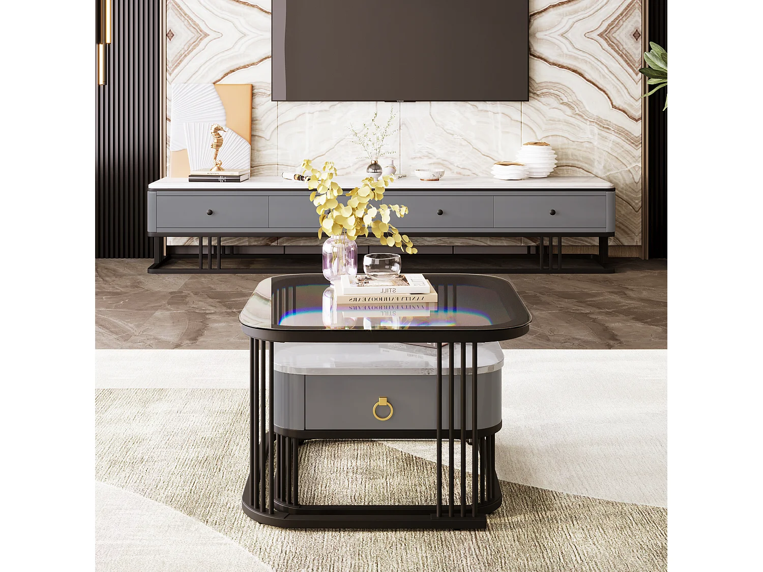 Set van 2 in elkaar geschoven salontafels met 1 lade, vierkante salontafel - glazen blad en marmerlook - hout en metaal - Grijs