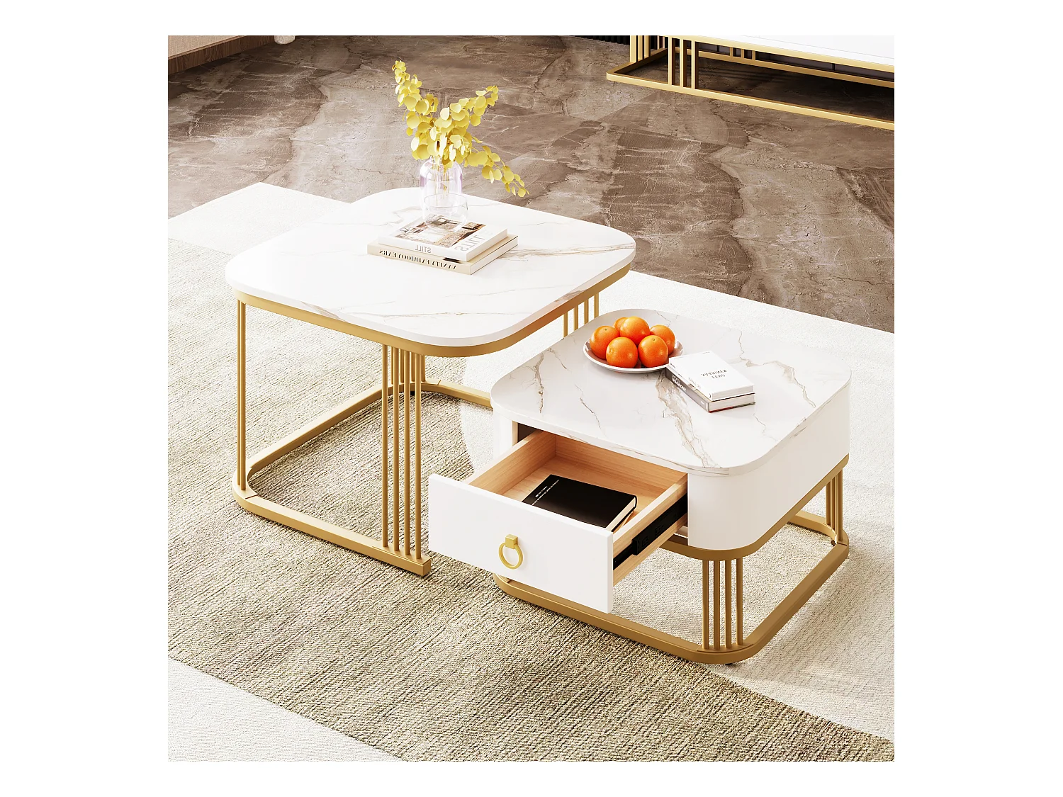 Lot de 2 tables basses gigognes avec 1 tiroirs, table basse carrée - plateaux en aspect marbre - bois et métal - Blanc brillant