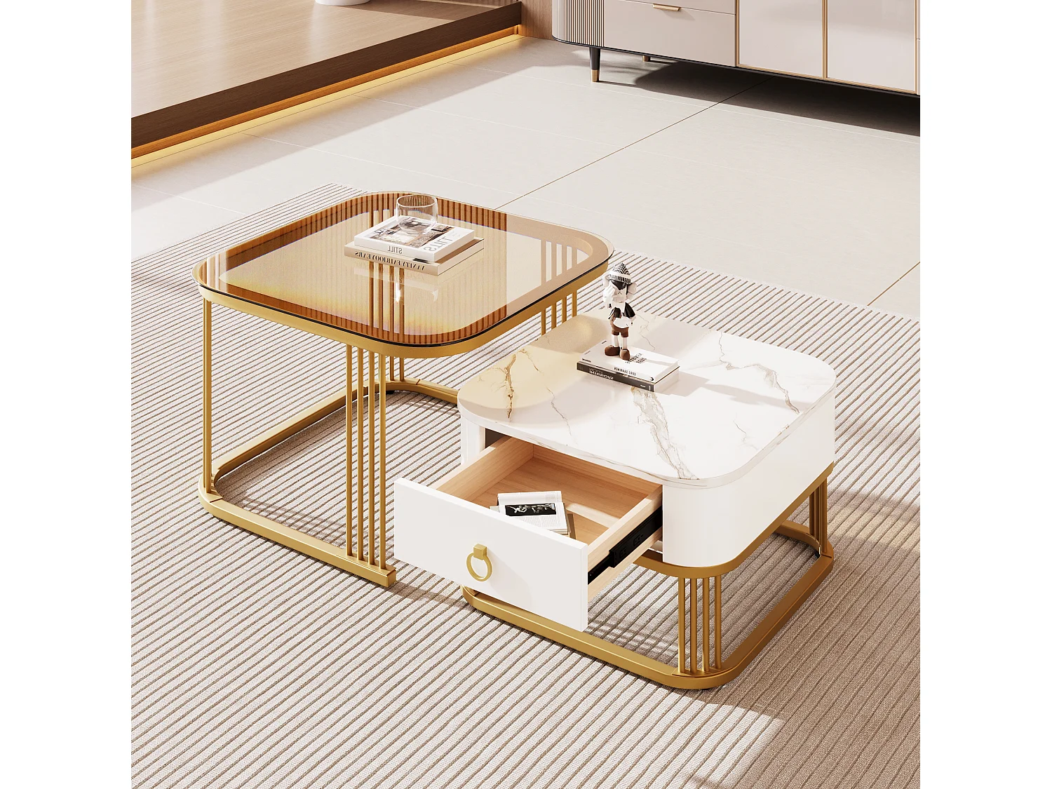 Juego de 2 mesas de centro nido con 1 cajón, mesa de centro cuadrada - tapa de cristal y aspecto de mármol - madera y metal dorado - blanco brillante