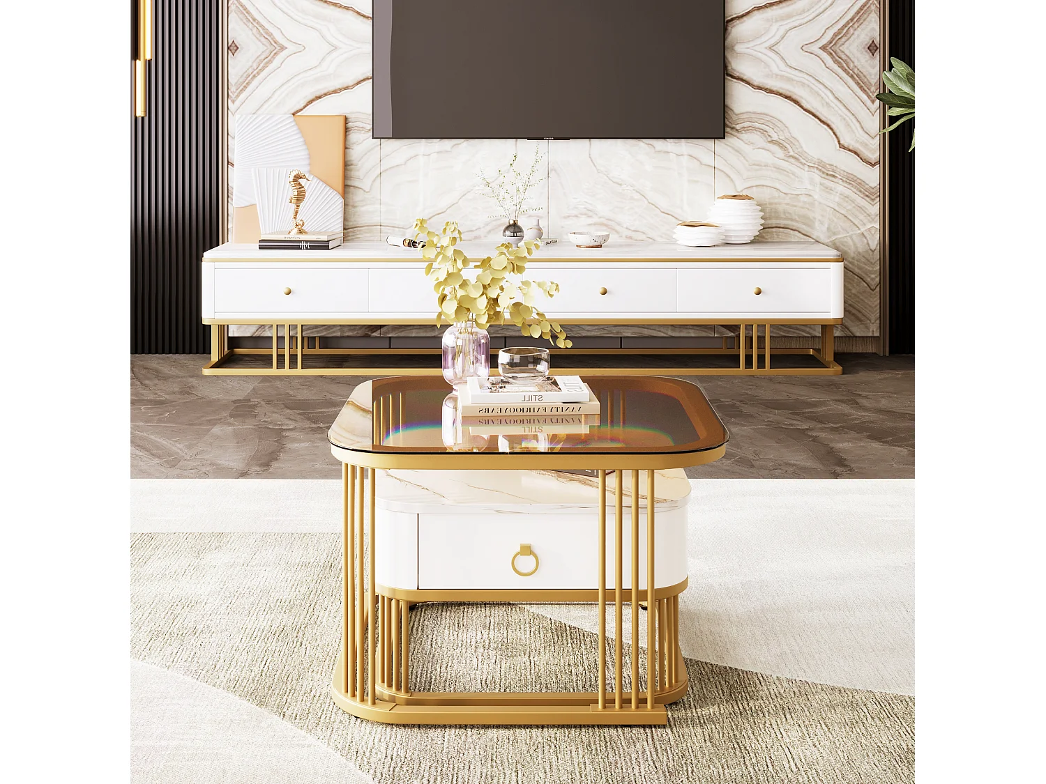 Juego de 2 mesas de centro nido con 1 cajón, mesa de centro cuadrada - tapa de cristal y aspecto de mármol - madera y metal dorado - blanco brillante