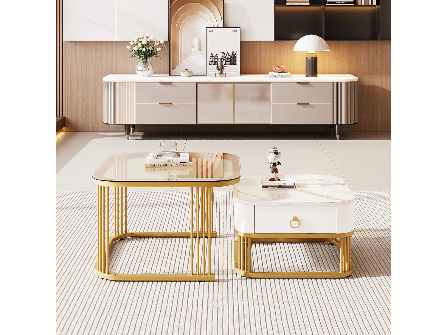 Juego de 2 mesas de centro nido con 1 cajón, mesa de centro cuadrada - tapa de cristal y aspecto de mármol - madera y metal dorado - blanco brillante