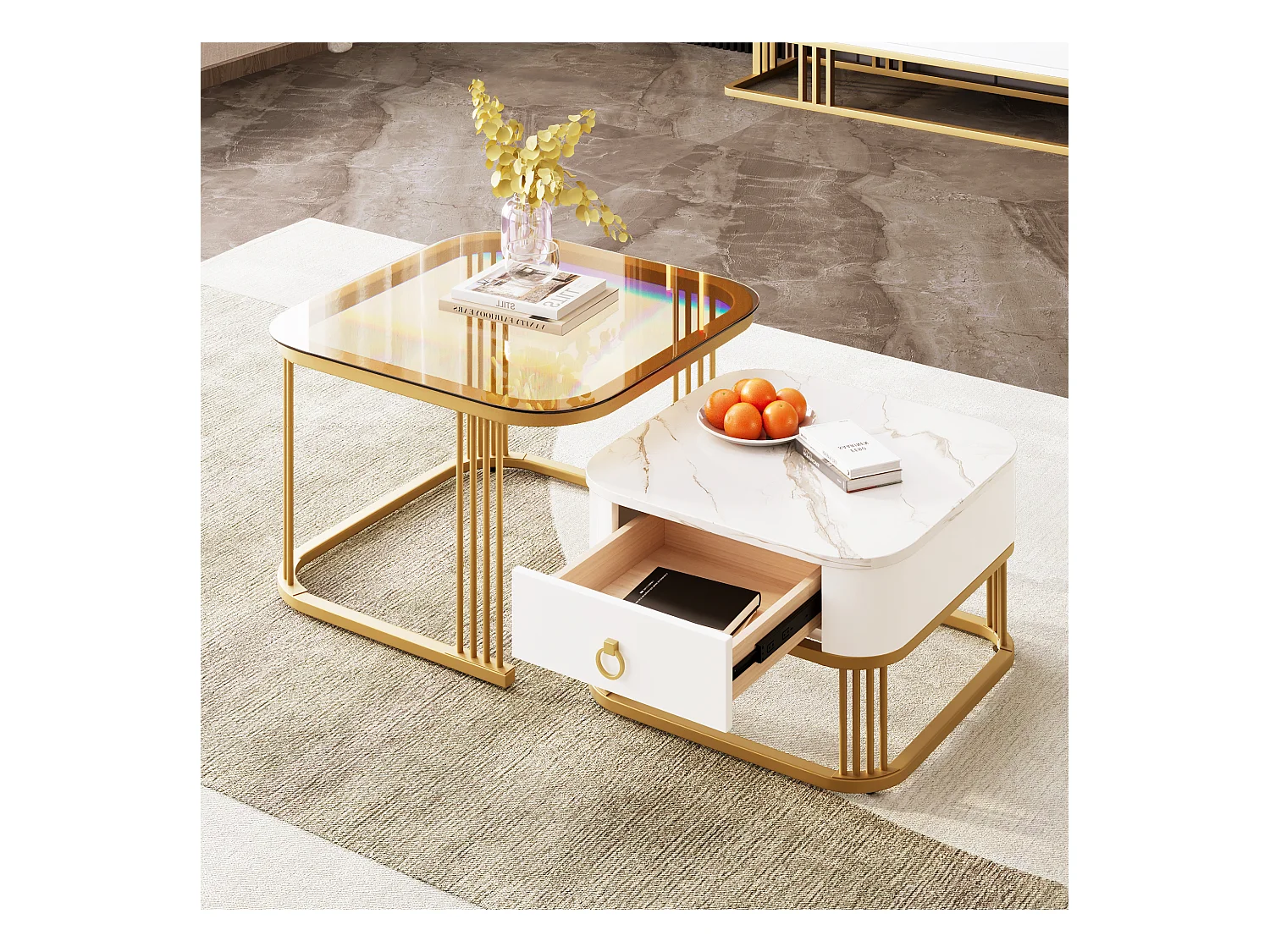 Zestaw 2 składanych stolików kawowych z 1 szufladą, kwadratowy stolik kawowy - szklany blat i wygląd marmuru - drewno i złoty metal - połyskująca biel