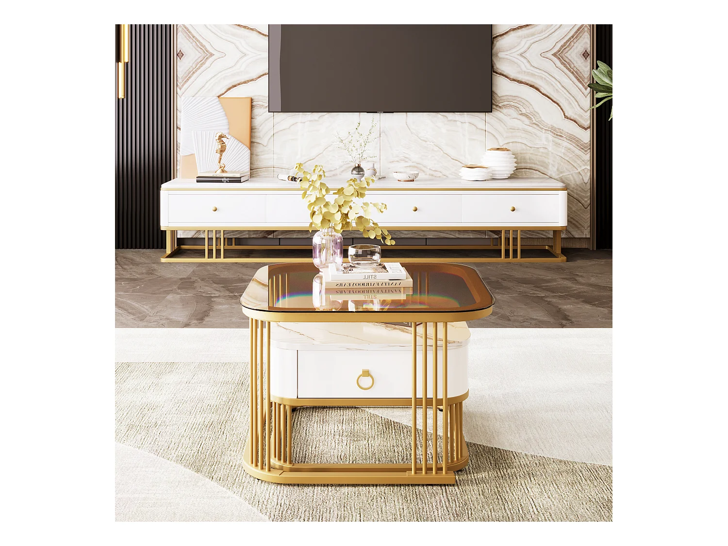 Zestaw 2 składanych stolików kawowych z 1 szufladą, kwadratowy stolik kawowy - szklany blat i wygląd marmuru - drewno i złoty metal - połyskująca biel