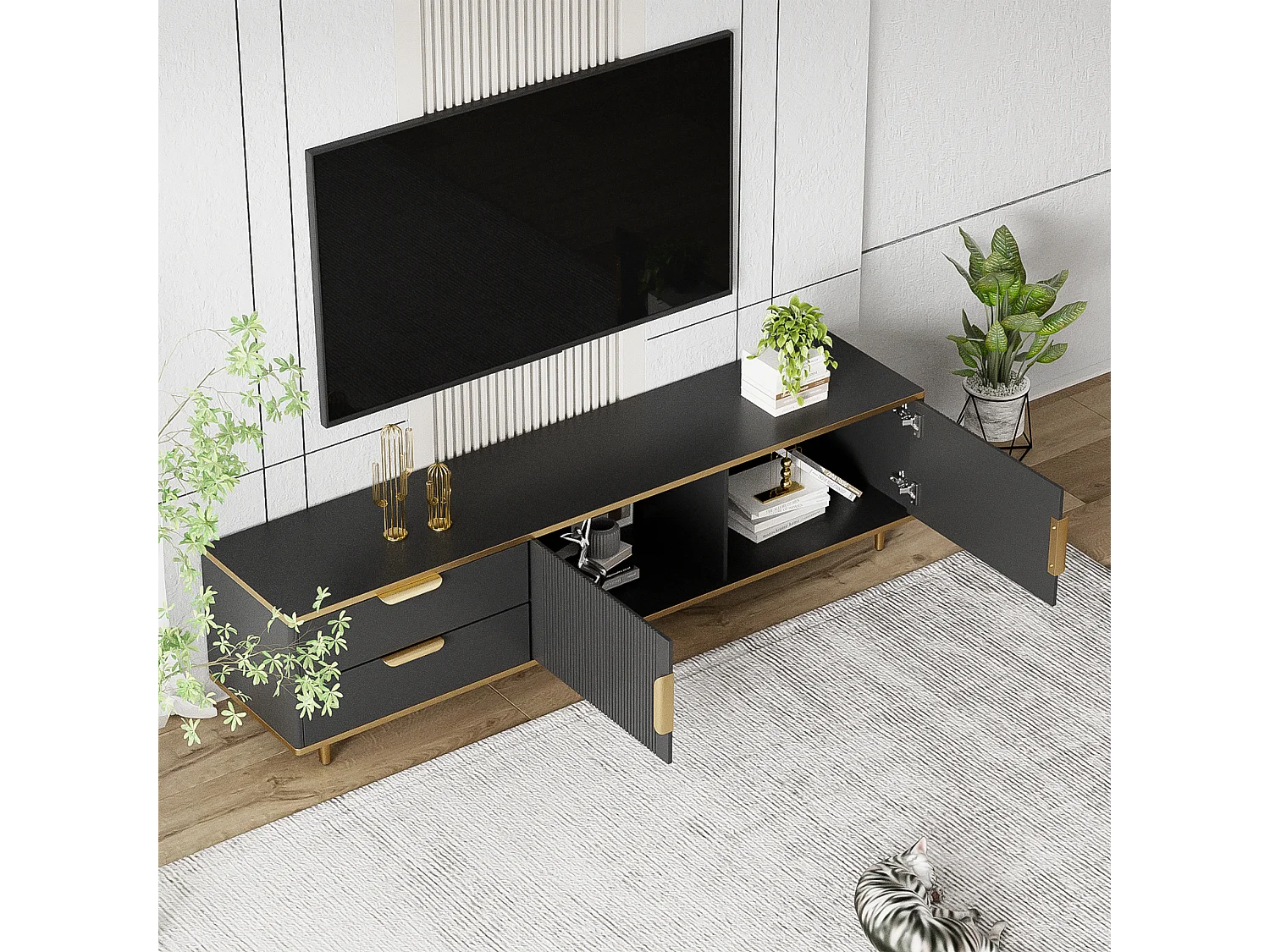 Mobile TV con 2 ante e 2 cassetti - 175x40x45 cm - Legno MDF - maniglie e piedi dorati - piano con motivo marmorizzato - nero