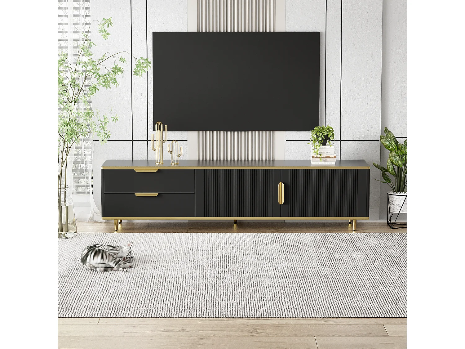 Meuble TV avec 2 portes et 2 tiroirs - 175x37x45cm - bois MDF - poignées et pieds dorés - plateau à motif marbre - noir