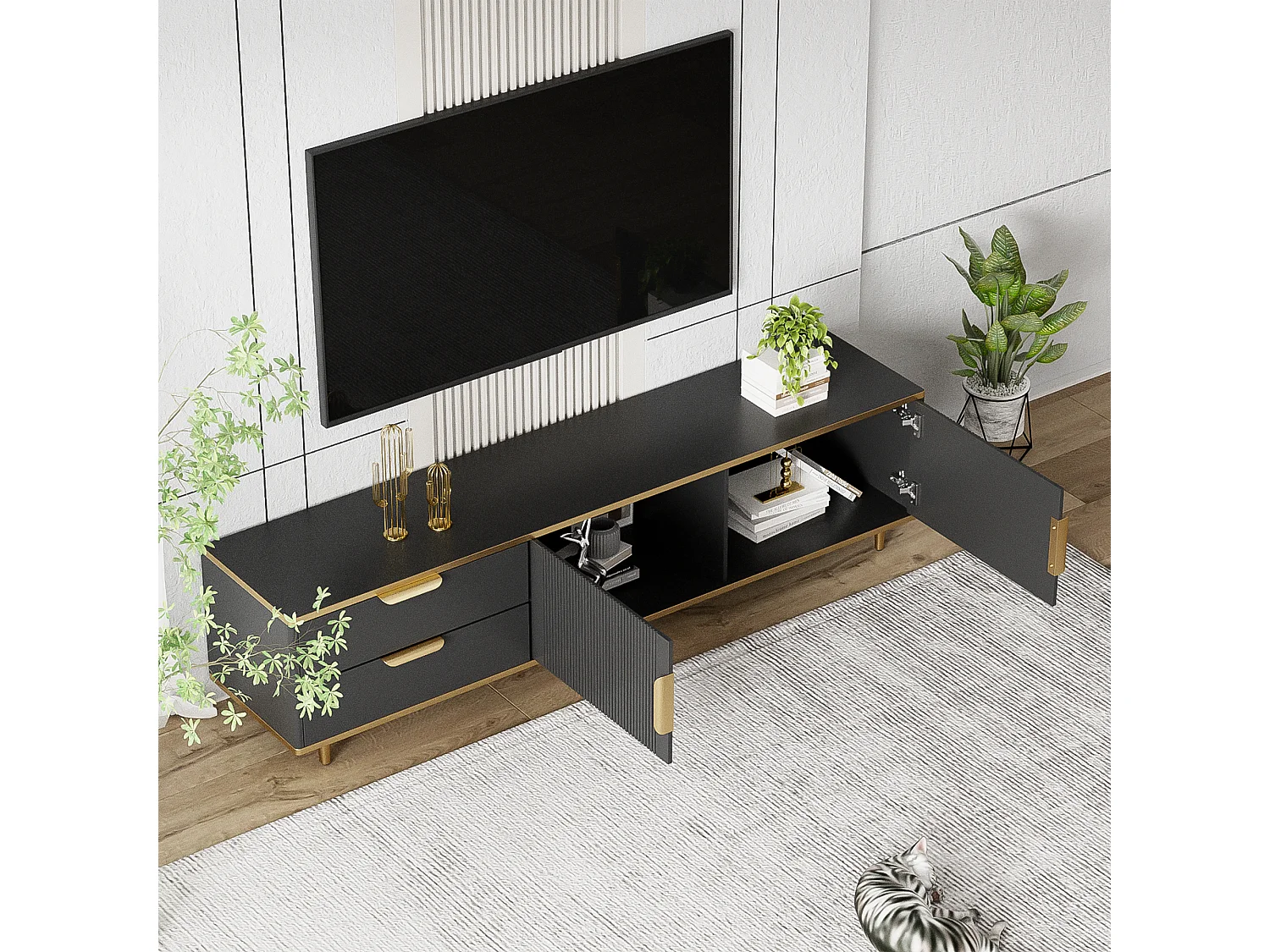 Meuble TV avec 2 portes et 2 tiroirs - 175x37x45cm - bois MDF - poignées et pieds dorés - plateau à motif marbre - noir