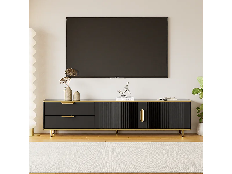 Meuble TV avec 2 portes et 2 tiroirs - 175x40x45cm - bois MDF - poignées et pieds dorés - plateau à motif marbre - noir