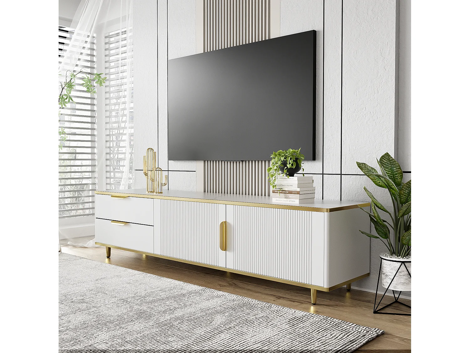 Móvel TV com 2 portas e 2 gavetas - 175x40x45cm - Madeira MDF - puxadores e pés dourados - tampo padrão mármore - branco