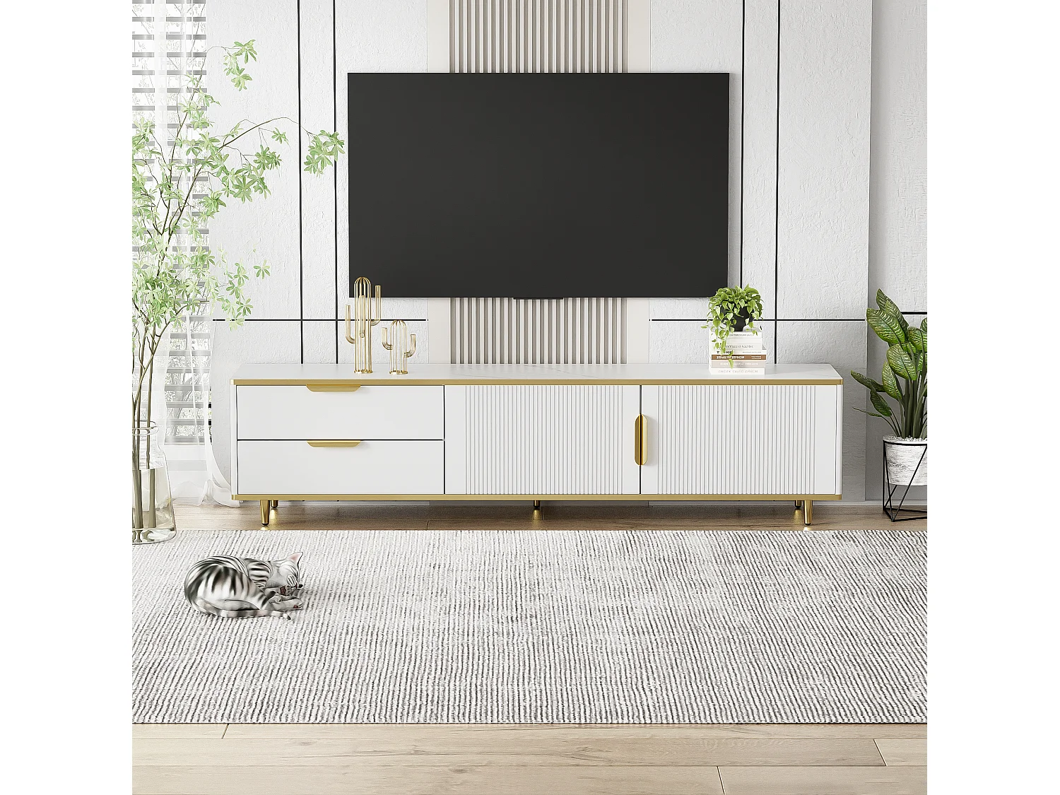Móvel TV com 2 portas e 2 gavetas - 175x40x45cm - Madeira MDF - puxadores e pés dourados - tampo padrão mármore - branco