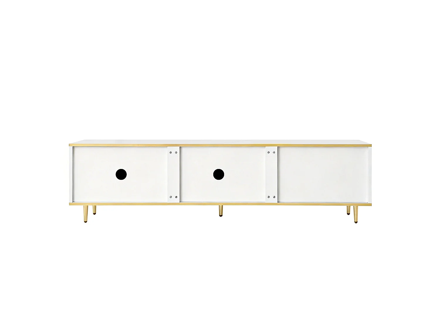 Meuble TV avec 2 portes et 2 tiroirs - 175x37x45cm - bois MDF - poignées et pieds dorés - plateau à motif marbre - blanc