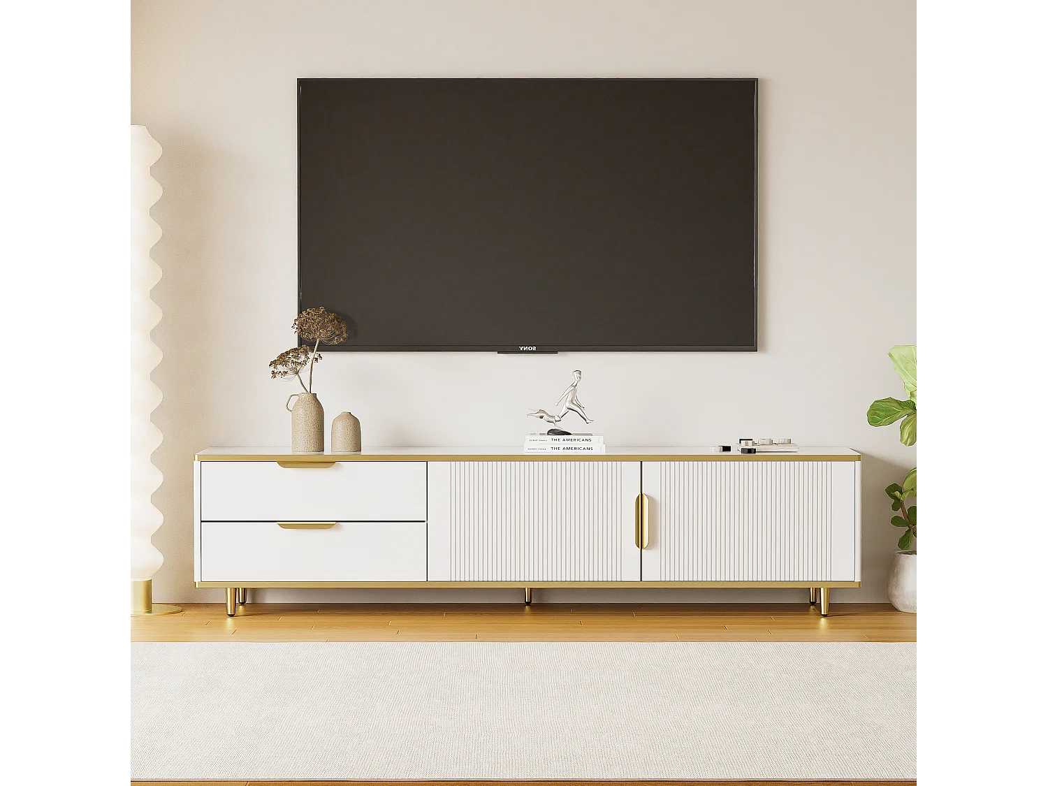 Móvel TV com 2 portas e 2 gavetas - 175x40x45cm - Madeira MDF - puxadores e pés dourados - tampo padrão mármore - branco