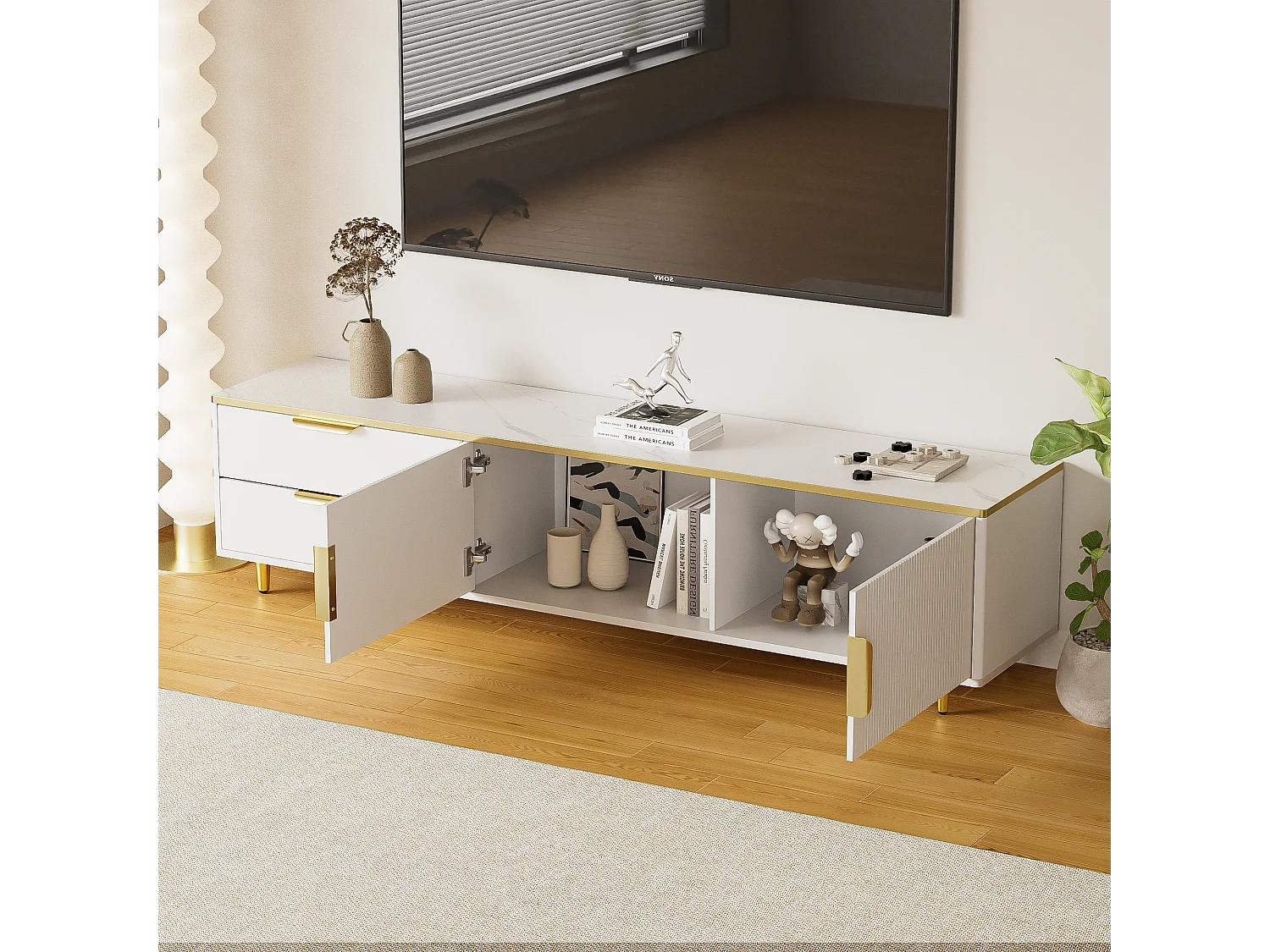 Móvel TV com 2 portas e 2 gavetas - 175x40x45cm - Madeira MDF - puxadores e pés dourados - tampo padrão mármore - branco