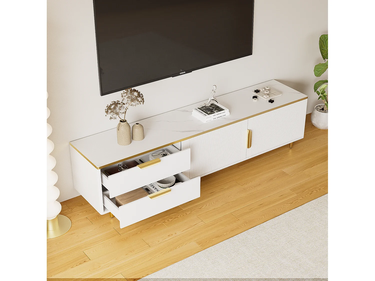 Meuble TV avec 2 portes et 2 tiroirs - 175x37x45cm - bois MDF - poignées et pieds dorés - plateau à motif marbre - blanc